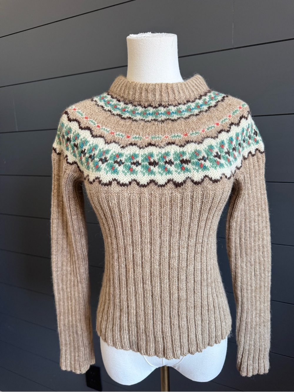 Fodal Norway Vintage Tan/Beige Wool Ribbed Fair Isle Sweater